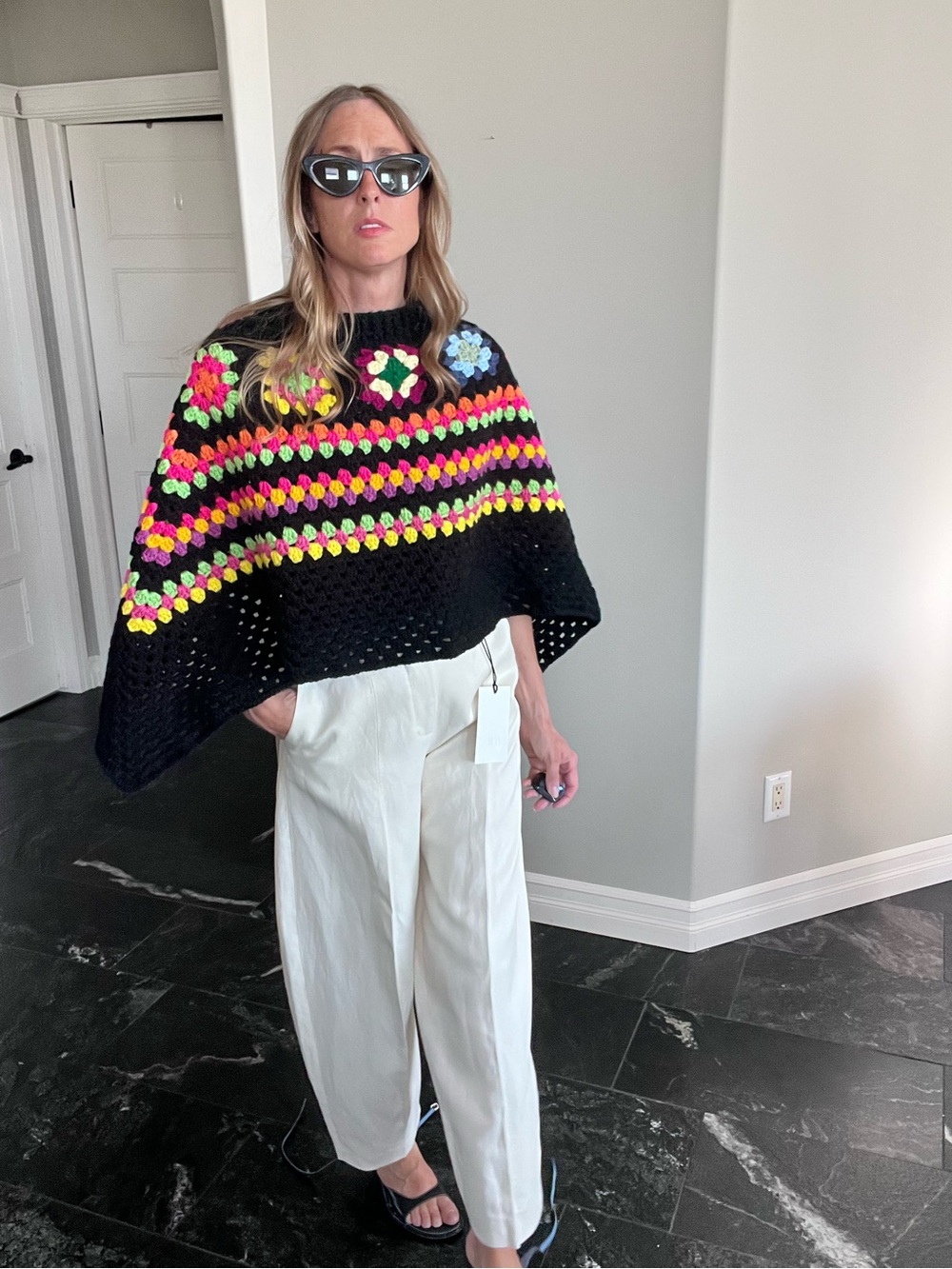 Black Crochet Granny Square Poncho  Floral Boho Y2K 70s Festival Cape